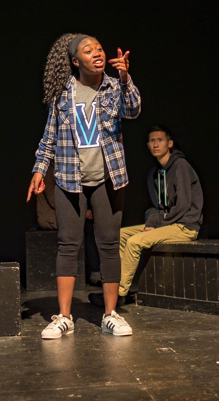 Student performs in the ACT A Touch of Diversity Skit in Villanova’s Vasey Hall during first year orientation.